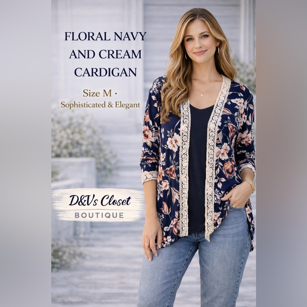 Ember Floral Navy Cream Cardigan Kimono Size M Boho Lightweight Open Front